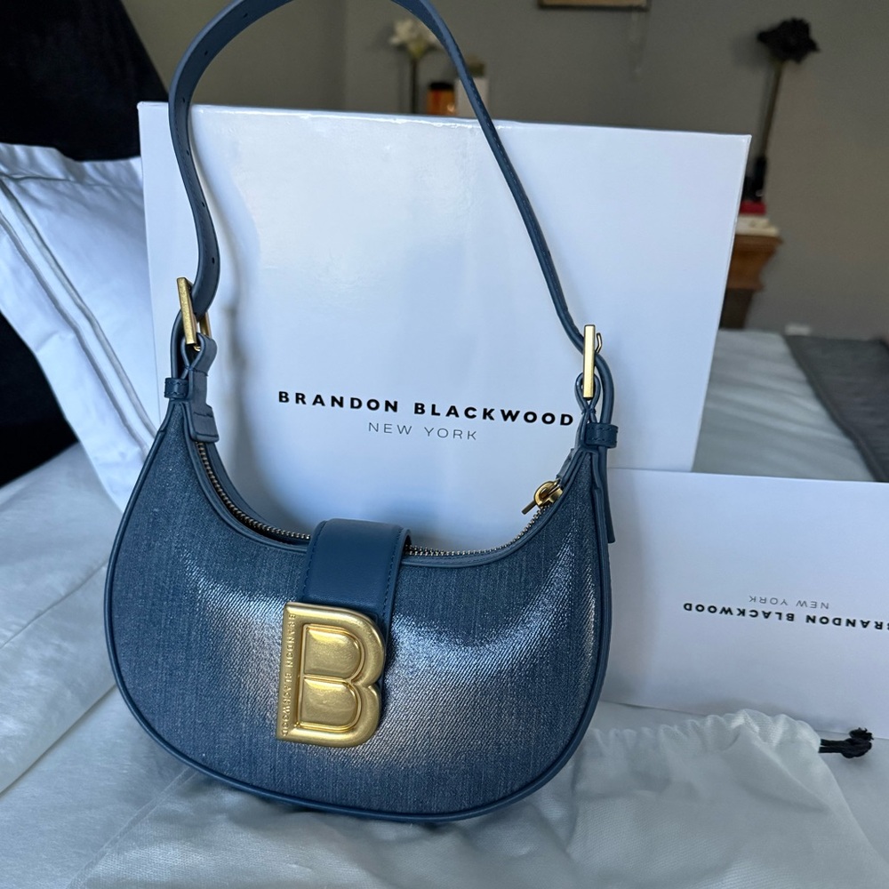 Blue waxed denim Brandon Blackwood Bag with Gold Accents